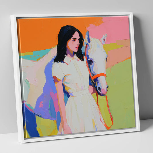 Painted Summer Bond horse & rider canvas wall art in white frame