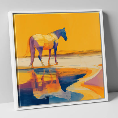 Golden Equine Mirage horse landscape canvas wall art in white frame