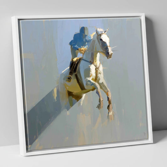 Suspended in Blue show jumping horse canvas wall art in white frame