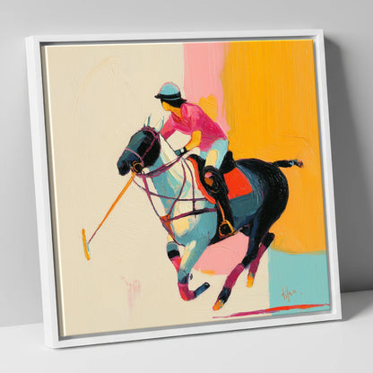 Vibrant Polo Strike polo horse canvas wall art in white frame
