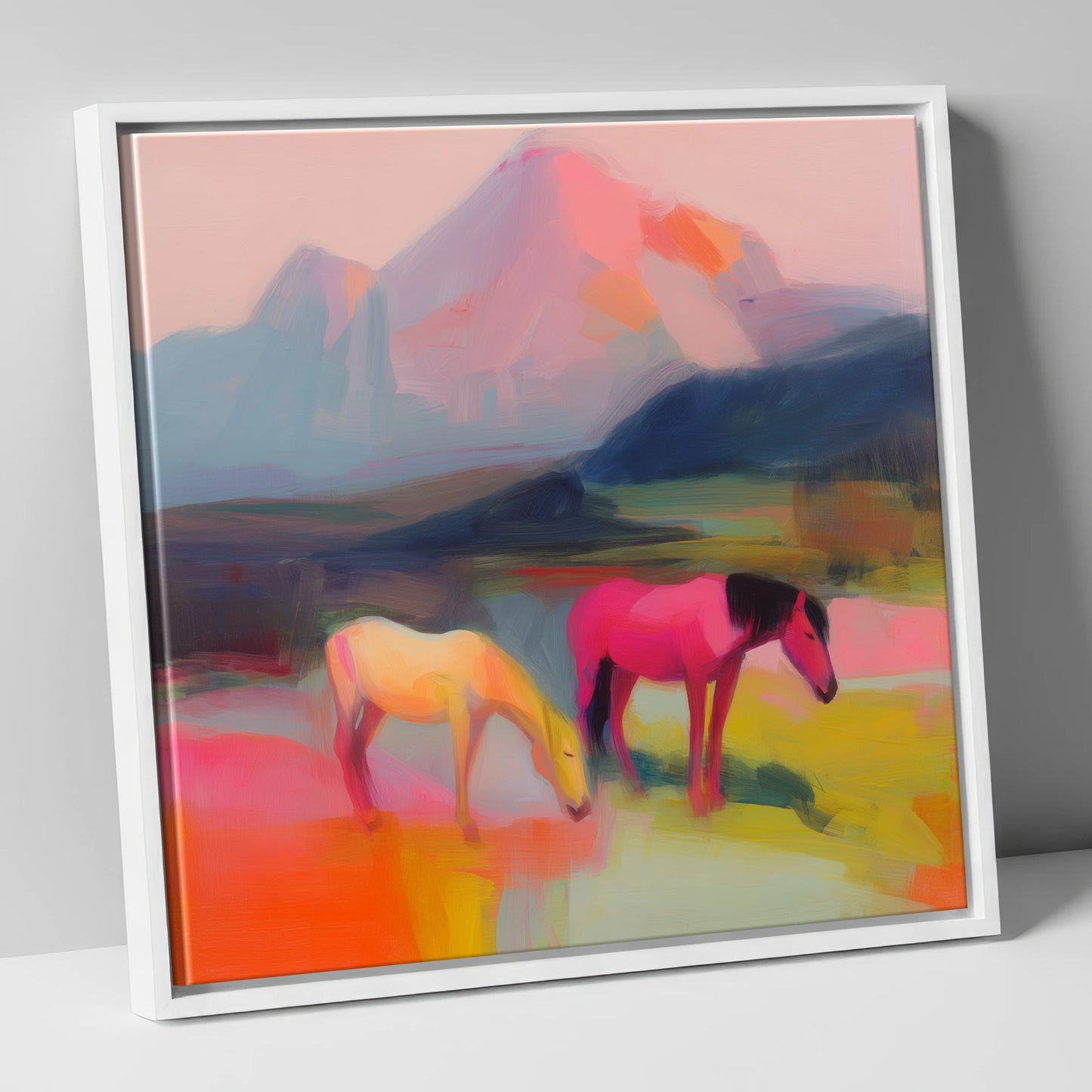 Vivid Mountain Pasture horse landscape canvas wall art in white frame