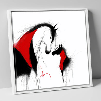 Crimson Bond mare & foal canvas wall art in white frame