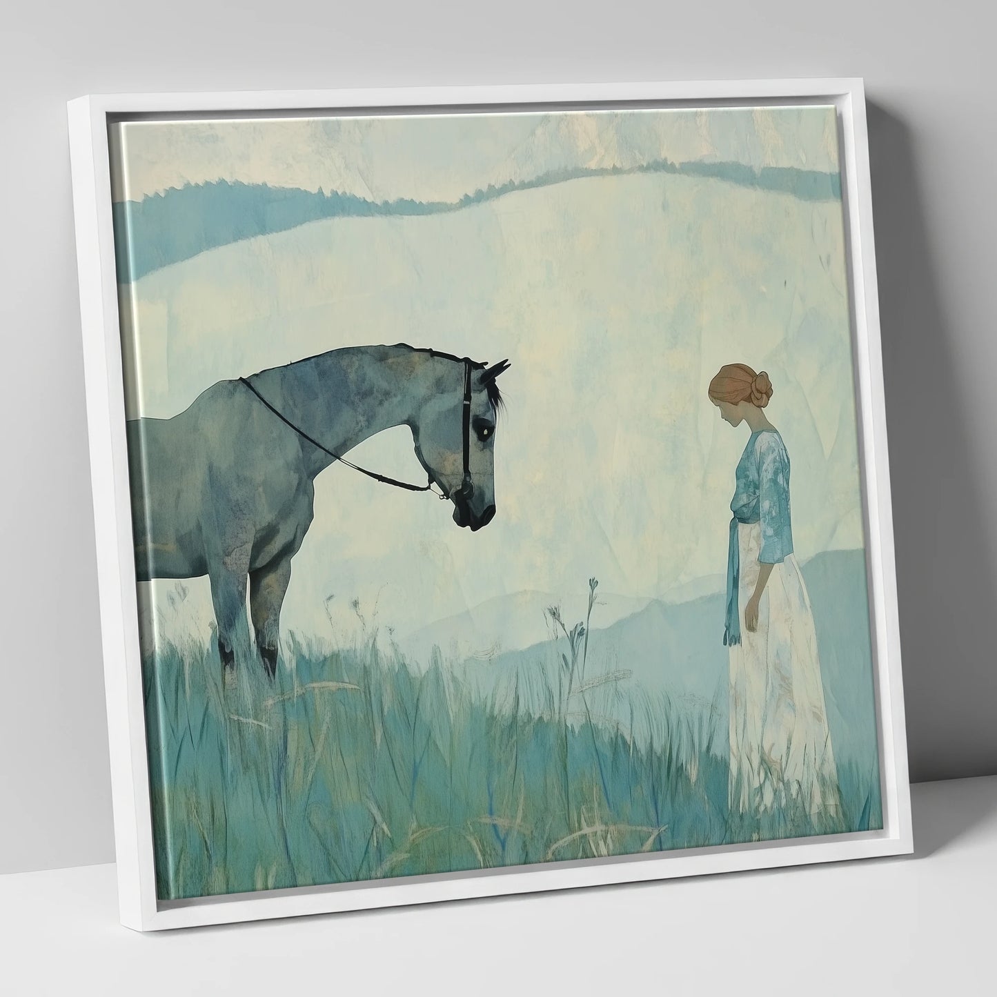 Gentle Regard horse & rider canvas wall art in white frame