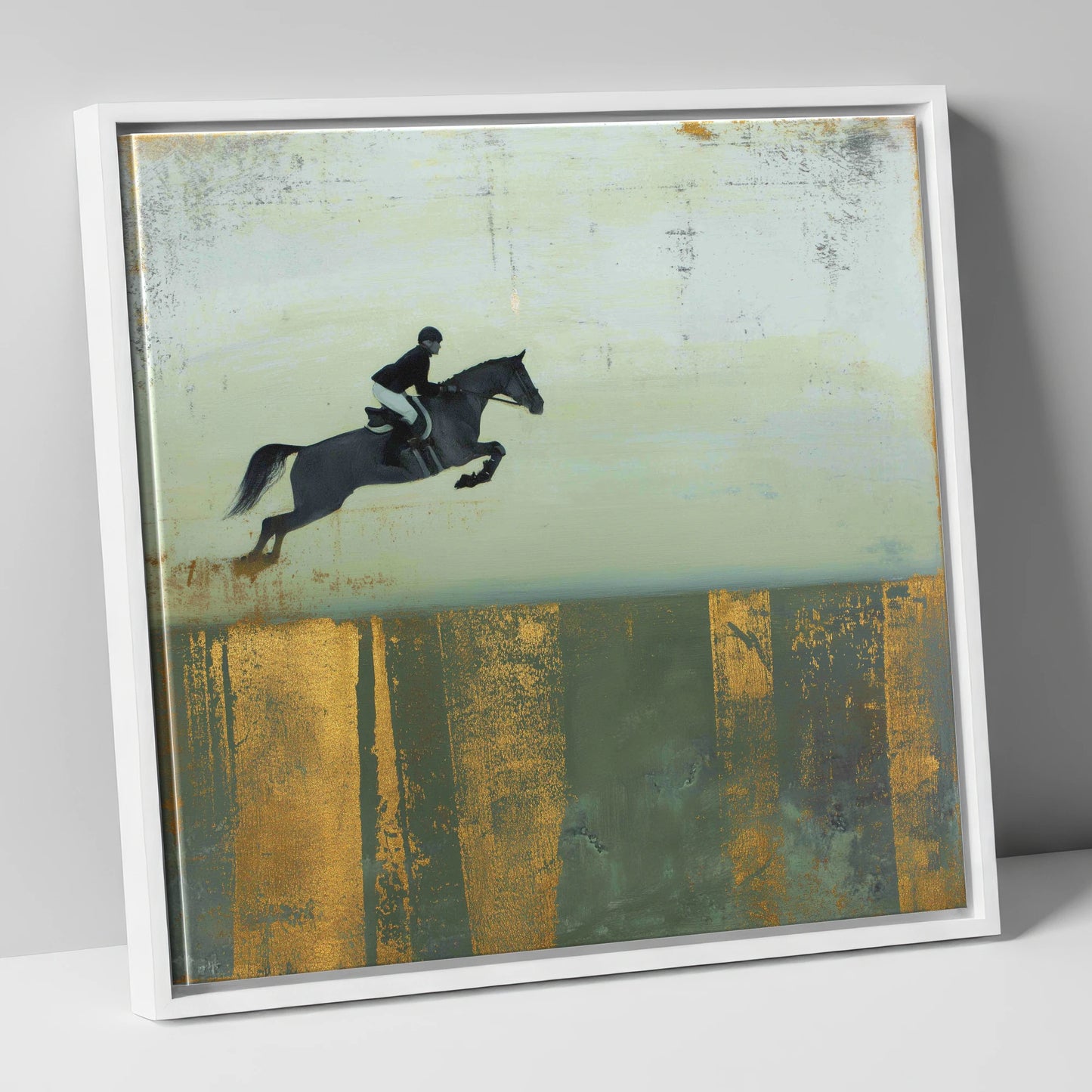 Gilded Flight show jumping horse canvas wall art in white frame