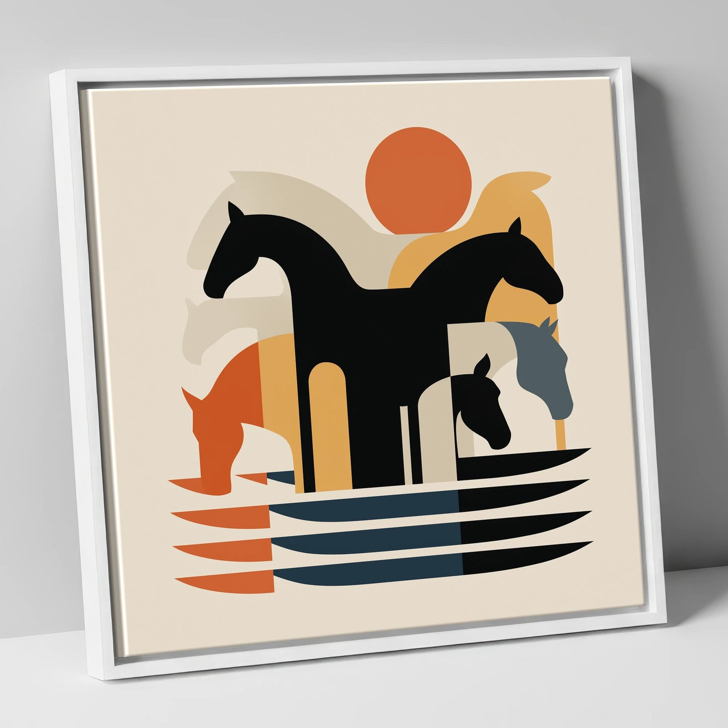Abstract Terracotta Herd wild horses canvas wall art in white frame