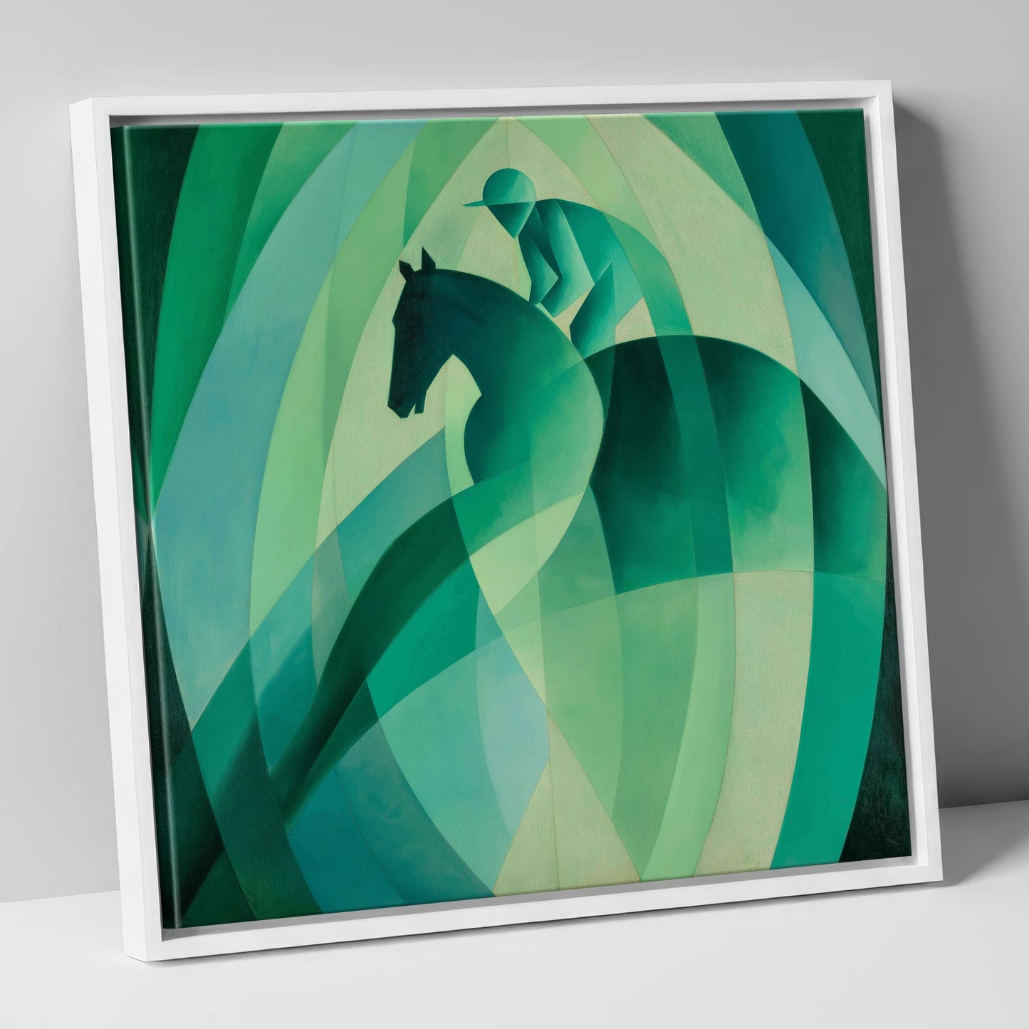 Emerald Rhythm racing horse canvas wall art in white frame