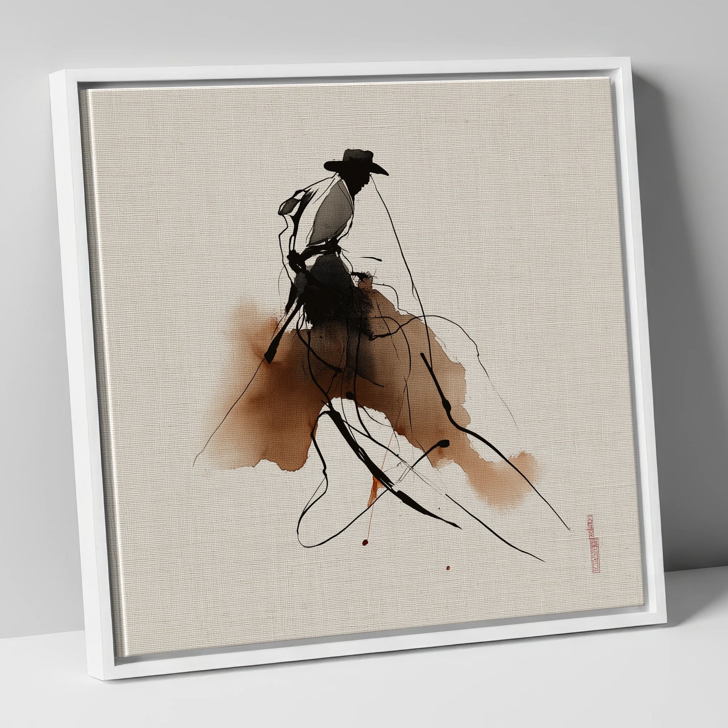 The Sepia Rider western horse canvas wall art in white frame