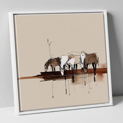 Gathering at the Water wild horses canvas wall art in white frame