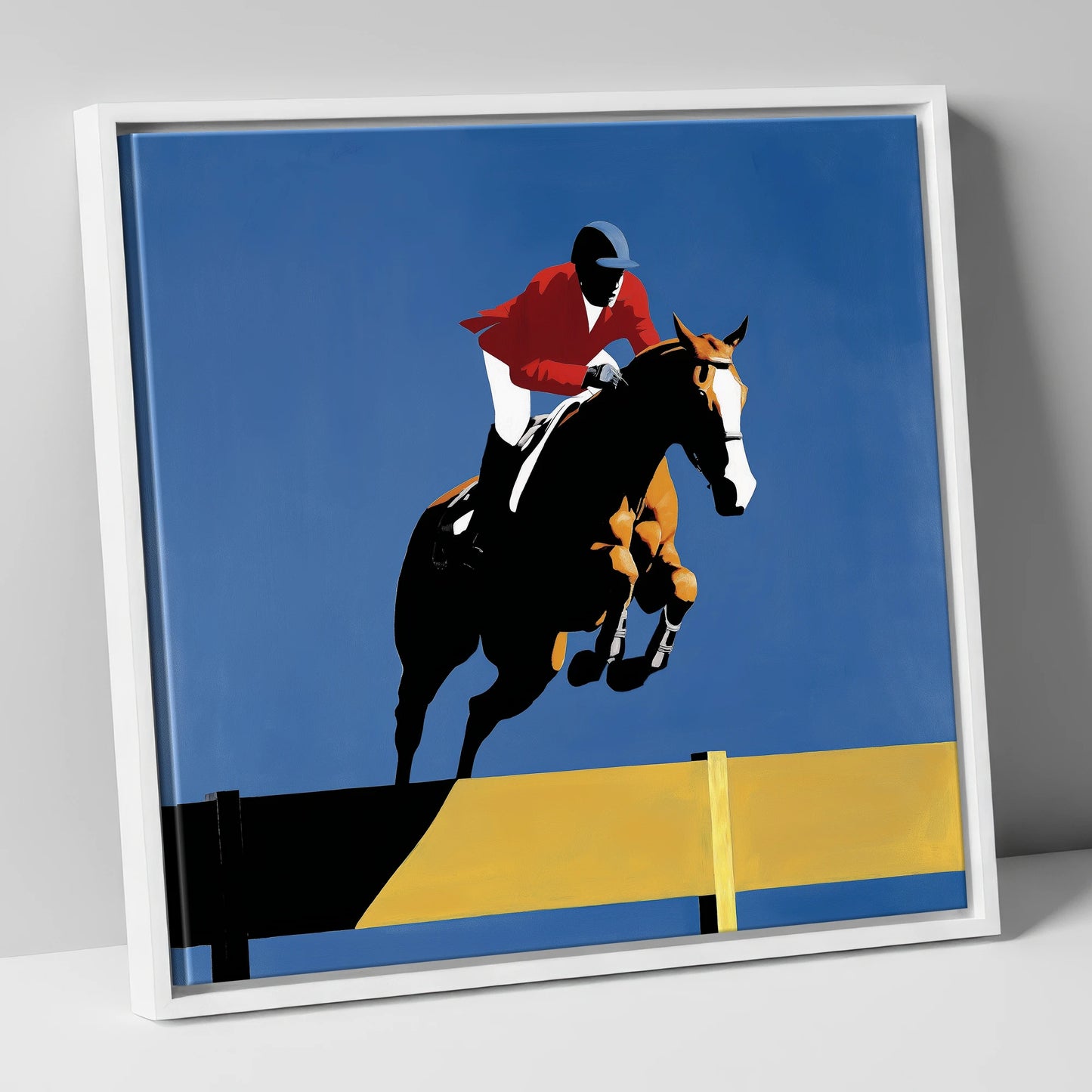 Suspended in Blue show jumping horse canvas wall art in white frame