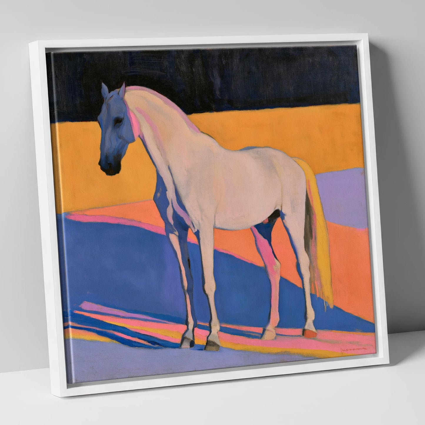 Colour Block Abstract Grey Horse horse breed canvas wall art in white frame