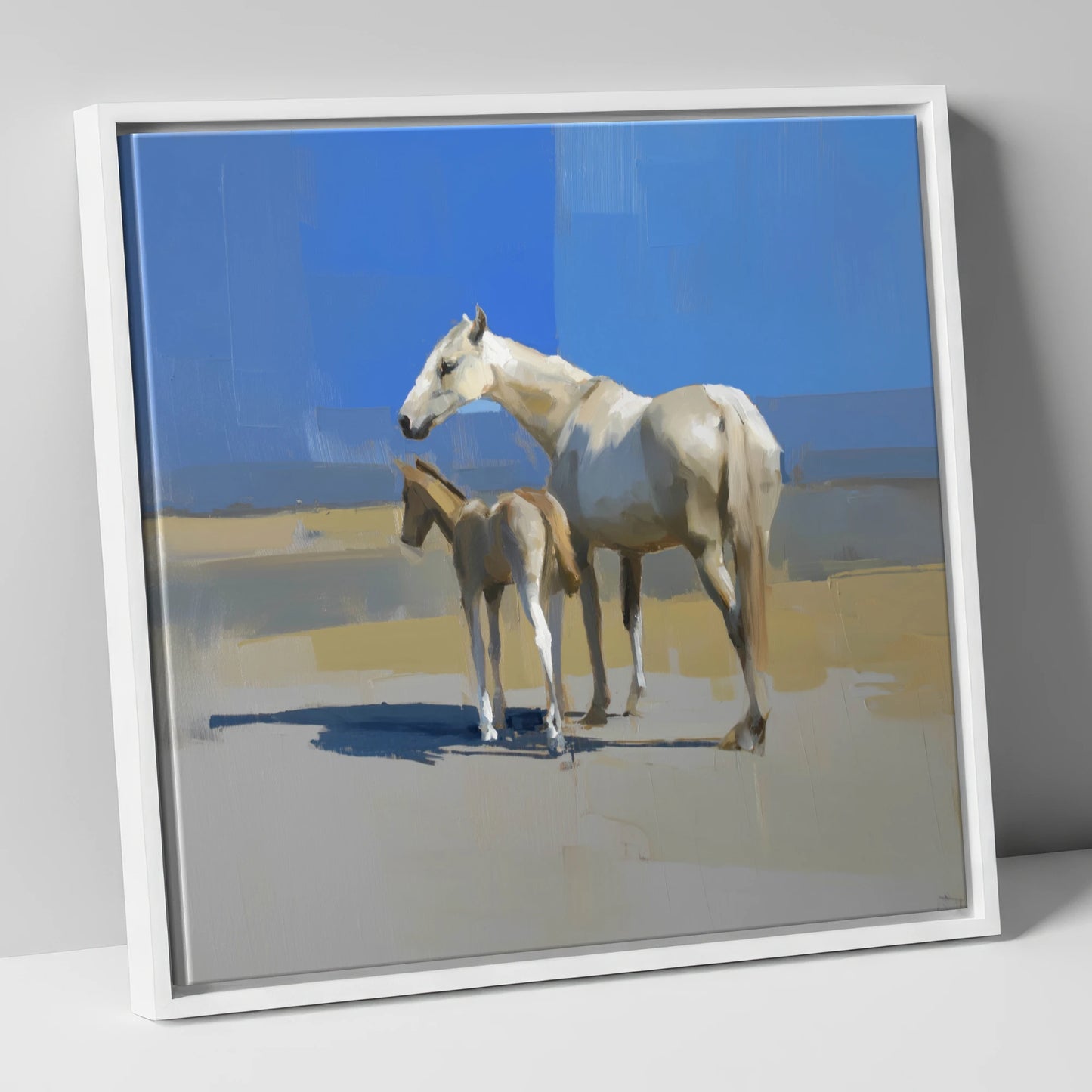 Under the Azure Sky mare & foal canvas wall art in white frame
