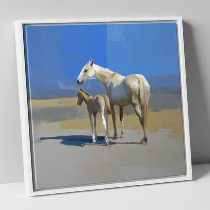 Under the Azure Sky mare & foal canvas wall art in white frame
