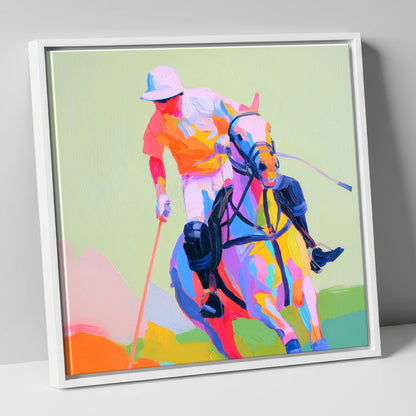 Technicolour Drive polo horse canvas wall art in white frame