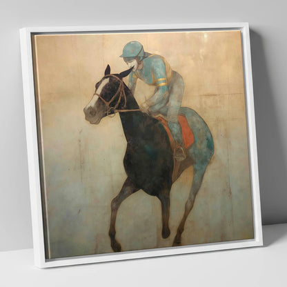 Teal Silk Canter racing horse canvas wall art in white frame