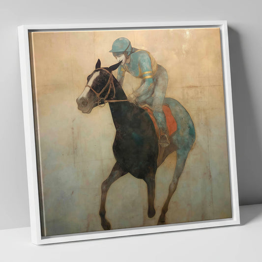 Teal Silk Canter racing horse canvas wall art in white frame