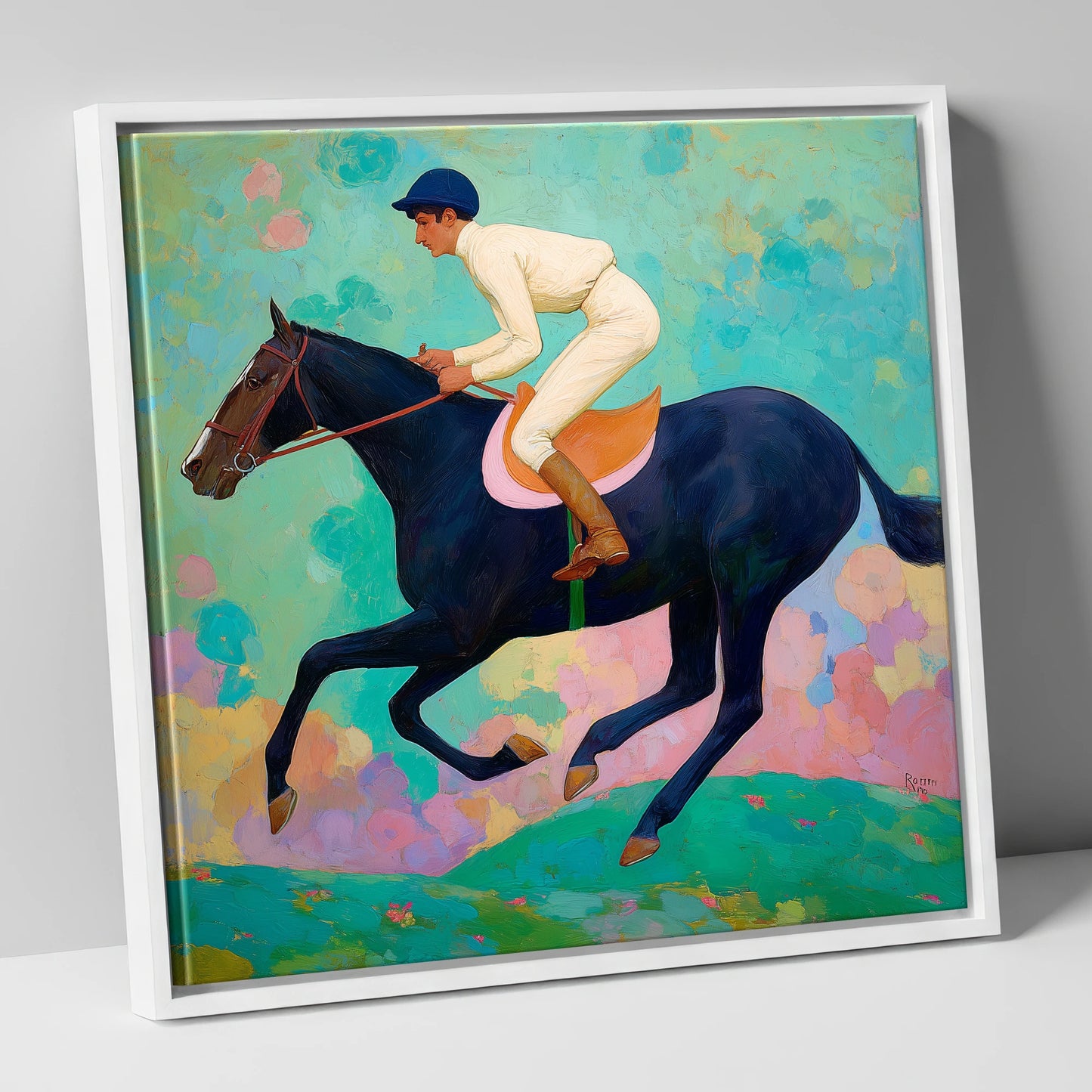 The Indigo Gallop racing horse canvas wall art in white frame