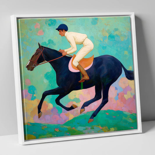 The Indigo Gallop racing horse canvas wall art in white frame
