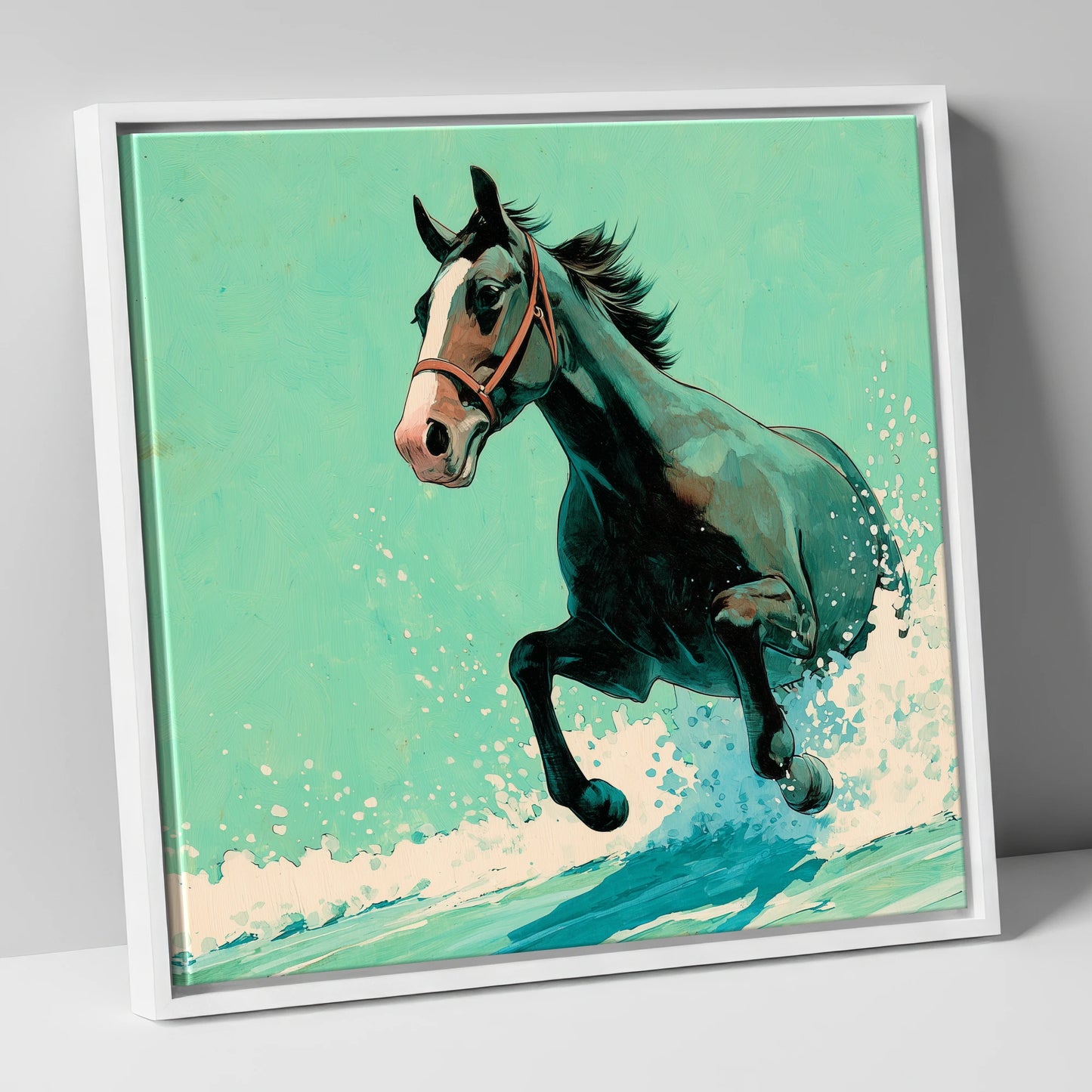 Sea Spray Gallop beach horse canvas wall art in white frame