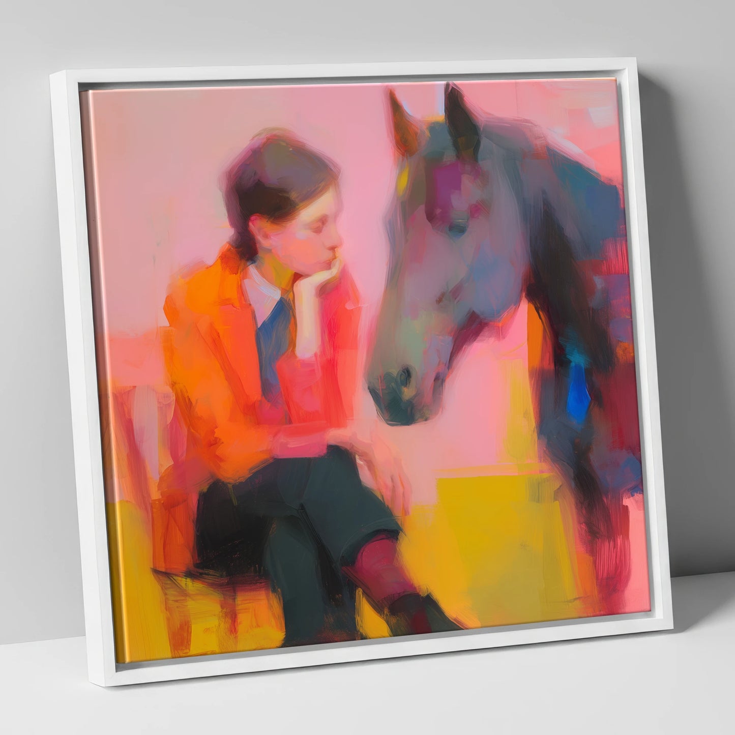 Vivid Connection horse & rider canvas wall art in white frame