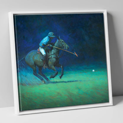 Midnight Chukka polo horse canvas wall art in white frame