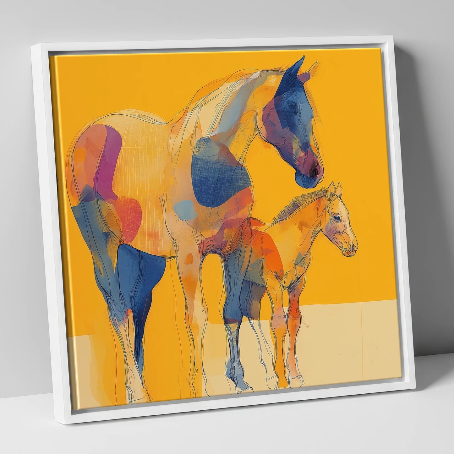 Golden Horizon Connections mare & foal canvas wall art in white frame