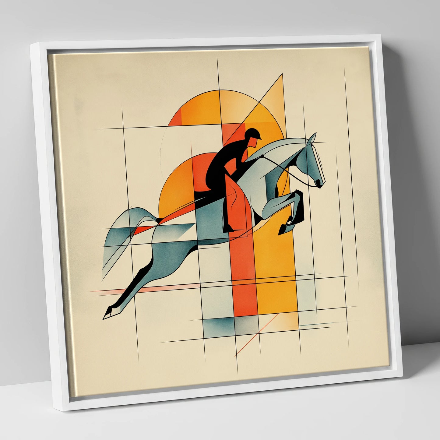 Precision in Flight show jumping horse canvas wall art in white frame
