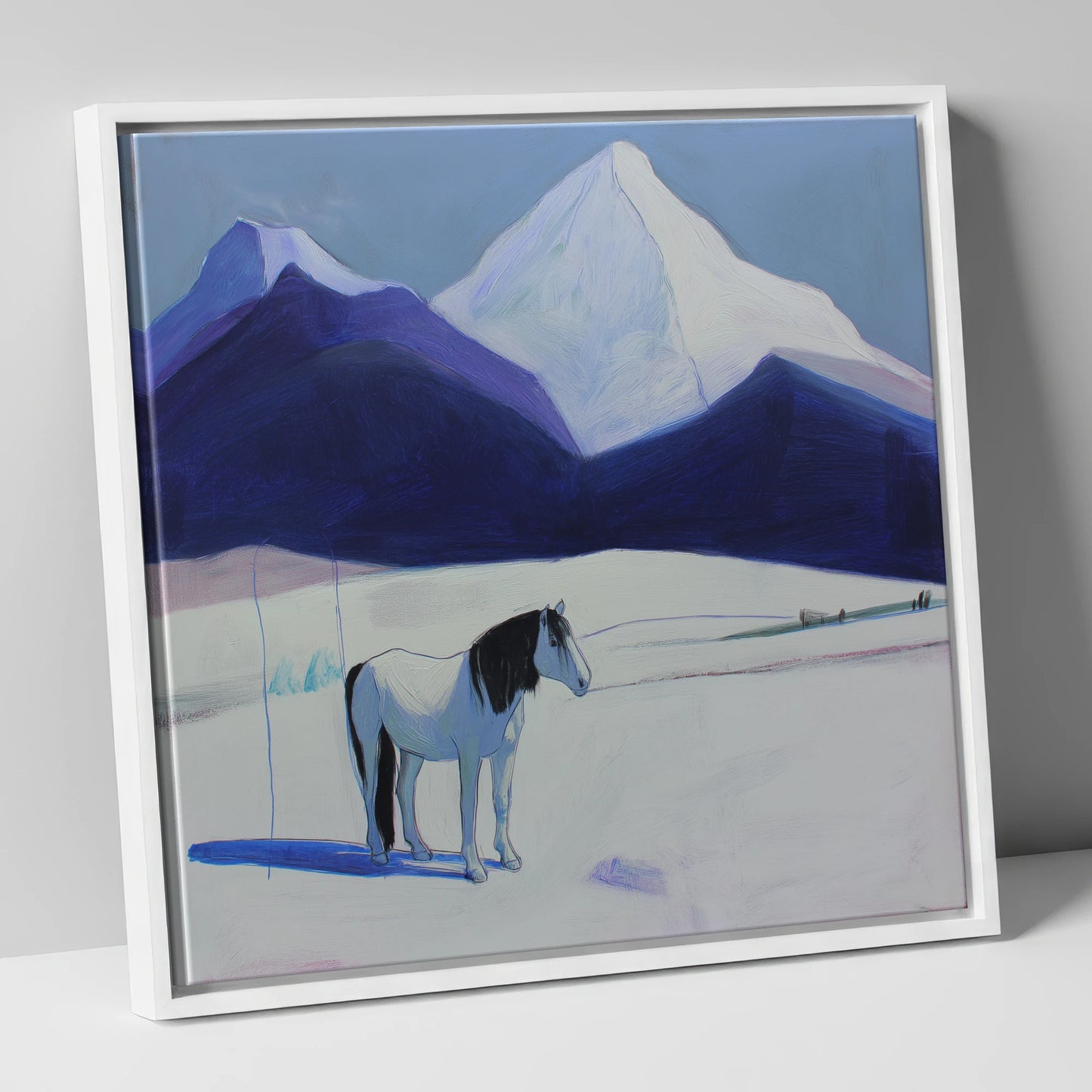 Alpine Silence horse landscape canvas wall art in white frame