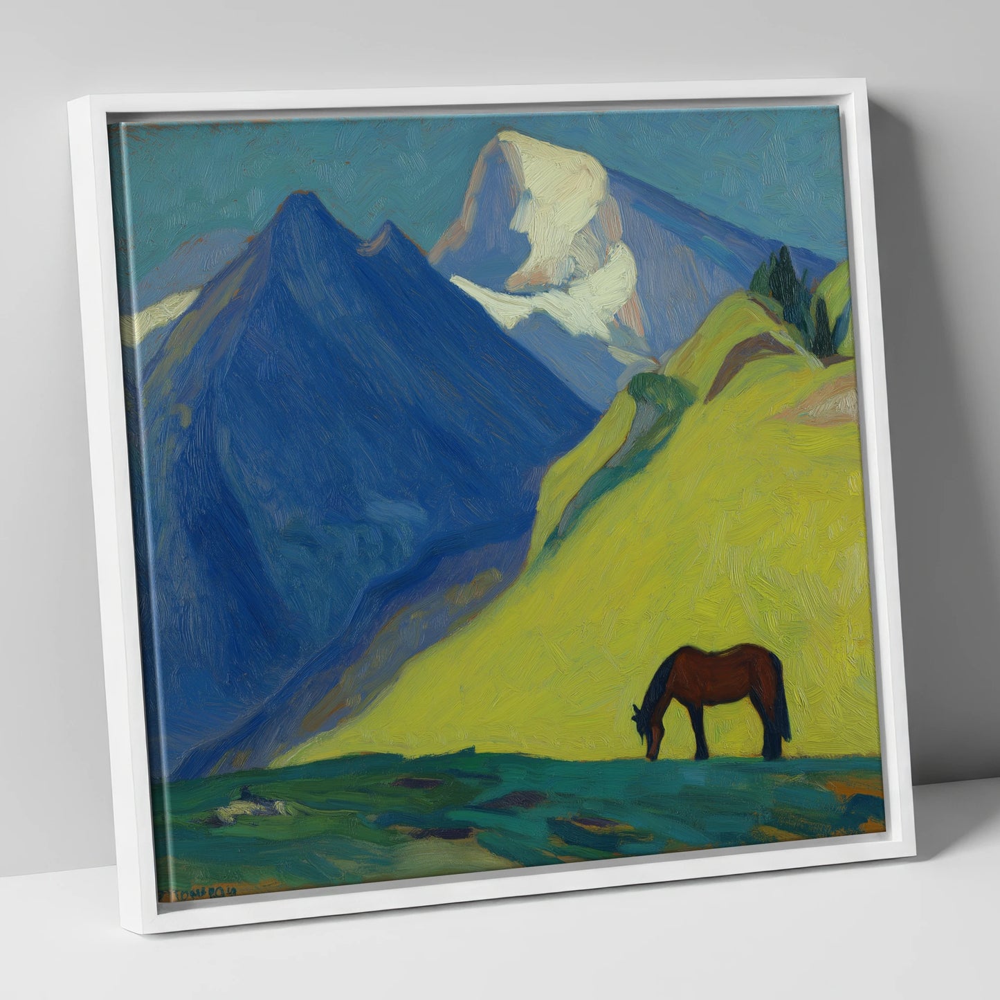 Blue Mountain Pasture horse landscape canvas wall art in white frame