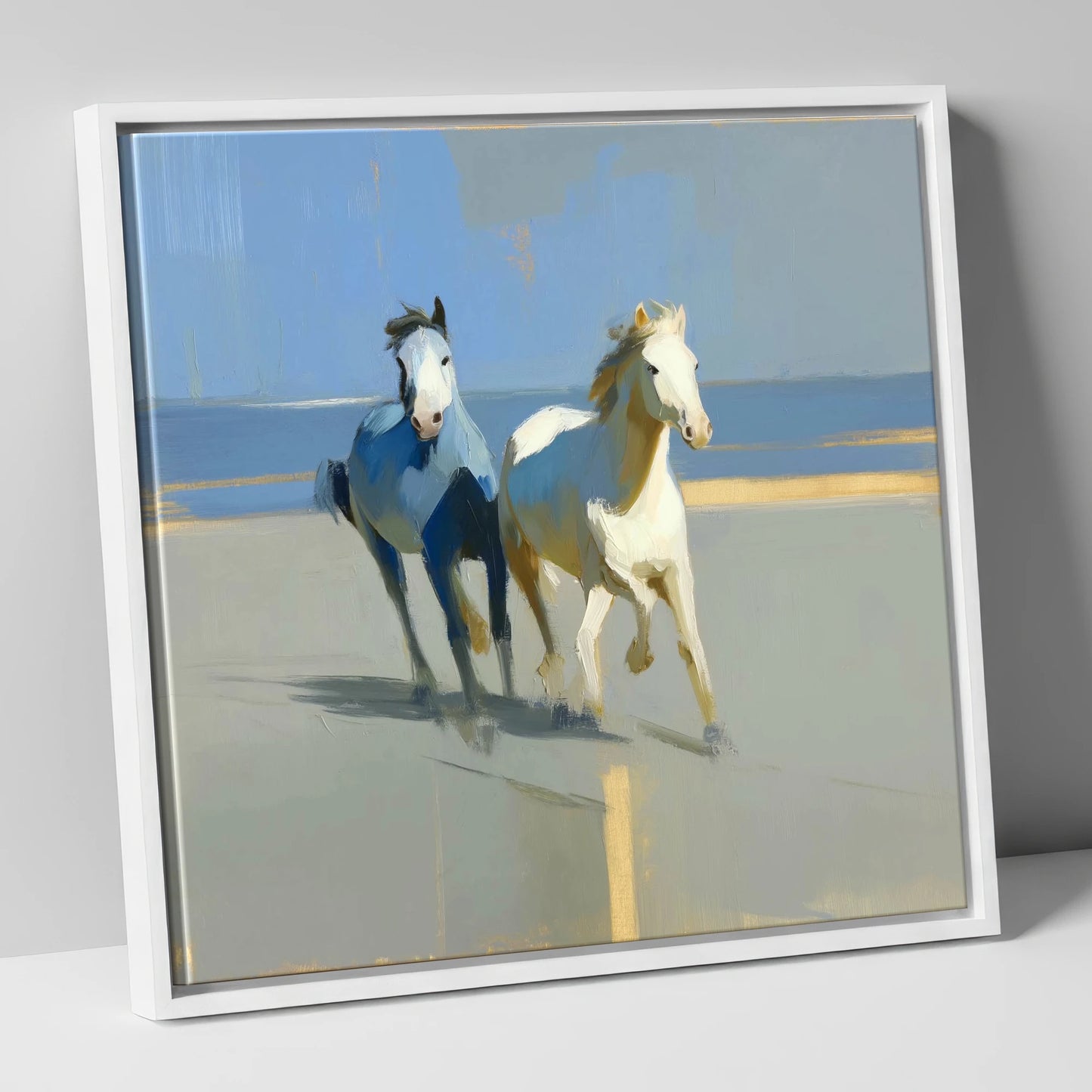 Sunlit Coastal Canter wild horses canvas wall art in white frame