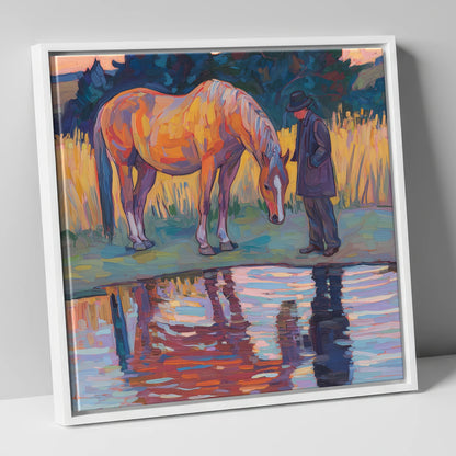 Quiet Reflections horse & rider canvas wall art in white frame