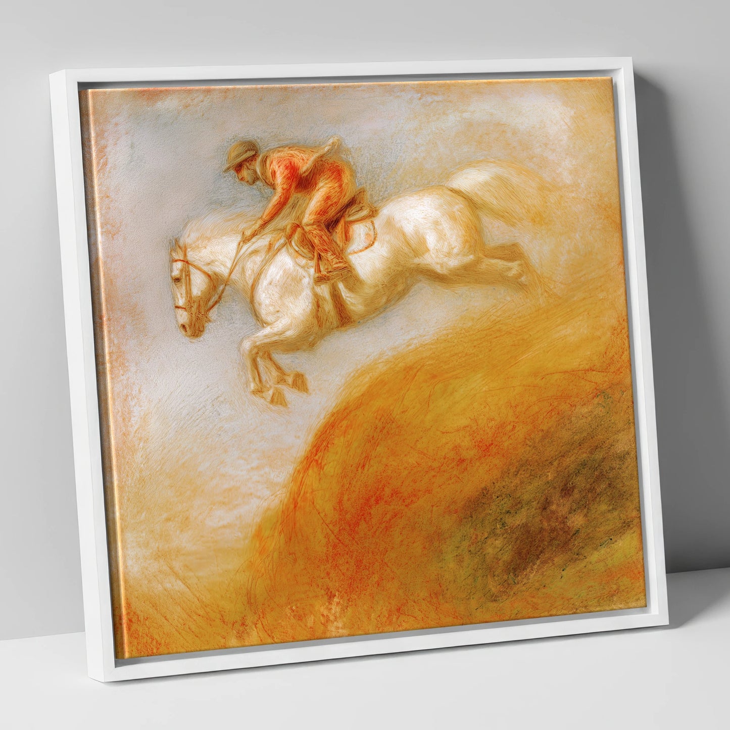 Terracotta Flight show jumping horse canvas wall art in white frame