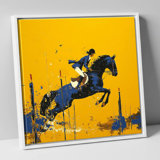 Airborne in Ochre show jumping horse canvas wall art in white frame