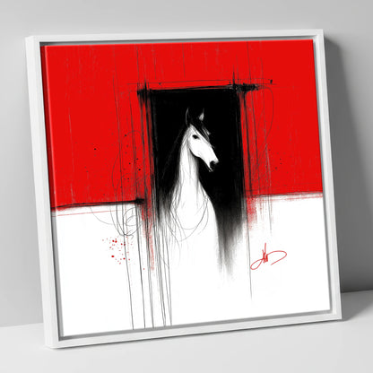The Crimson Doorway horse stable canvas wall art in white frame