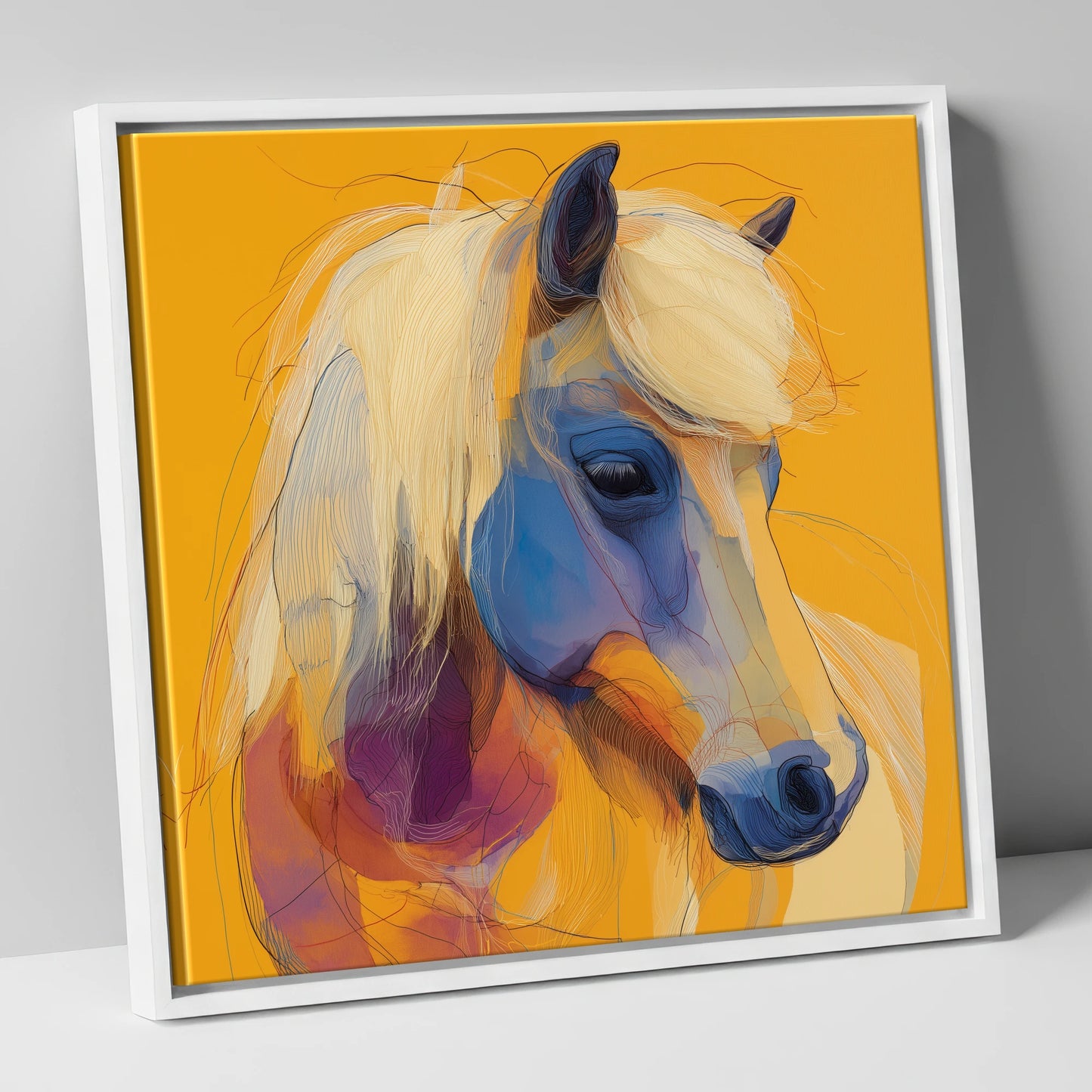Cobalt and Gold Contour horse breed canvas wall art in white frame