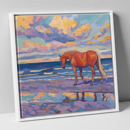 Vivid Coastal Solitude horse landscape canvas wall art in white frame