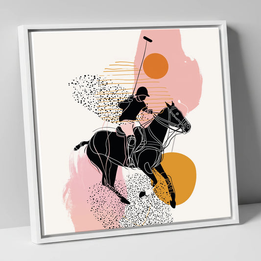Modern Polo Strike polo horse canvas wall art in white frame