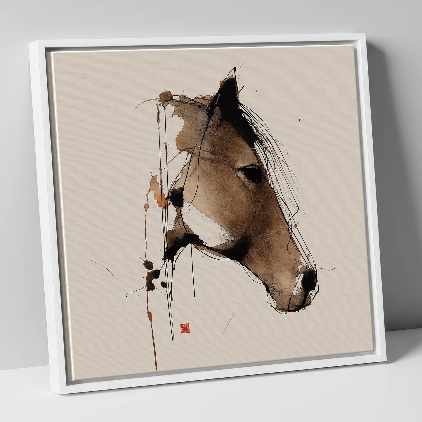 Dynamic Sepia Equine Profile horse portrait canvas wall art in white frame