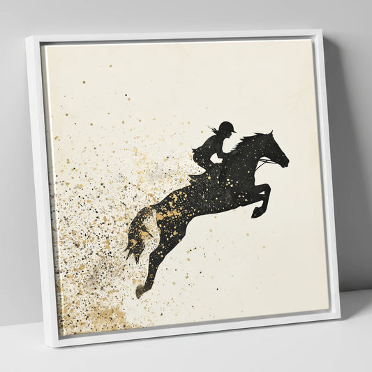 Airborne in Gold show jumping horse canvas wall art in white frame