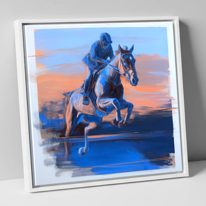 Cobalt Flight show jumping horse canvas wall art in white frame