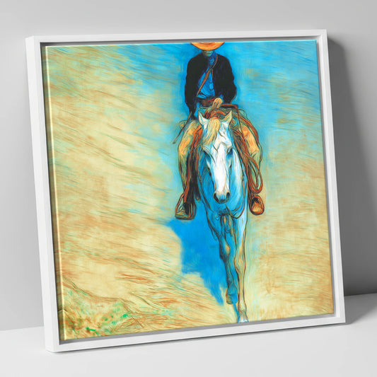 The Blue Trail Rider western horse canvas wall art in white frame