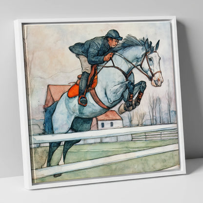 Clearing the Rails show jumping horse canvas wall art in white frame