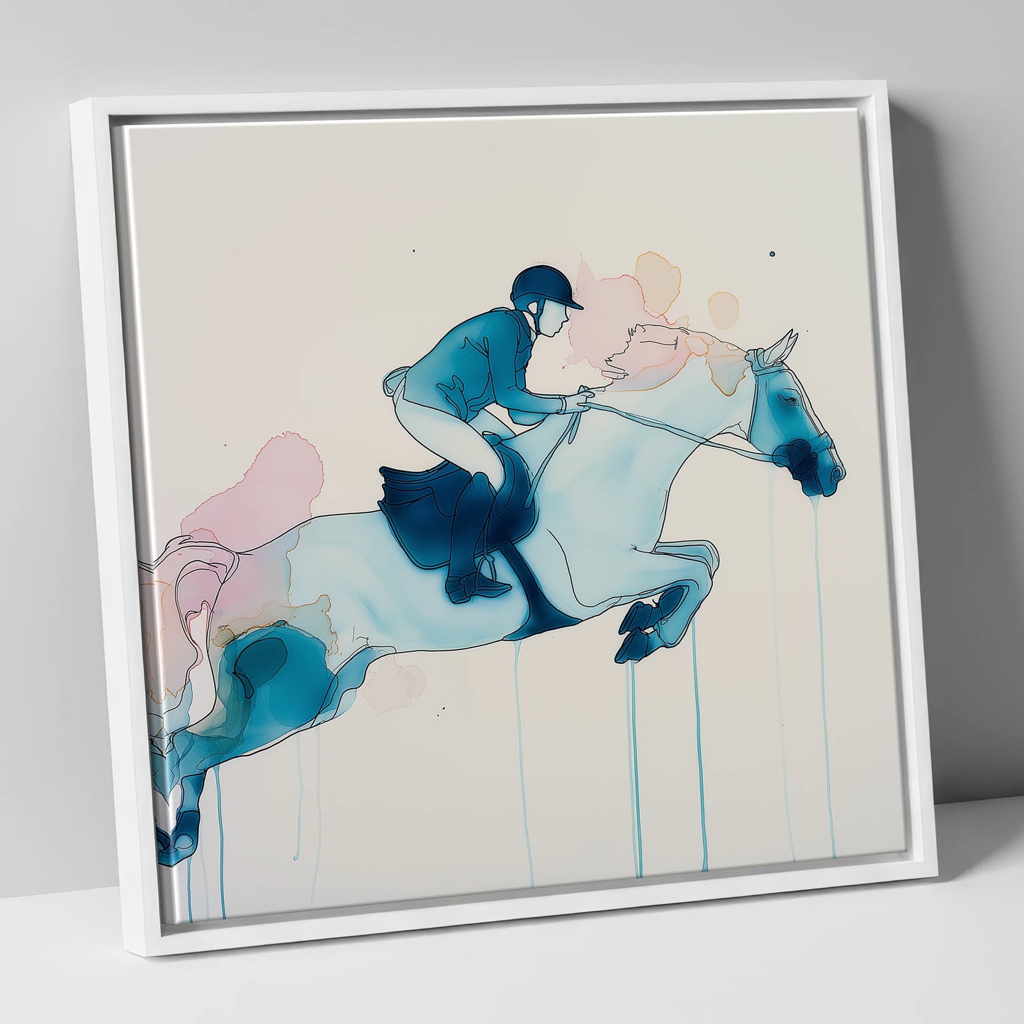Cerulean Flight show jumping horse canvas wall art in white frame