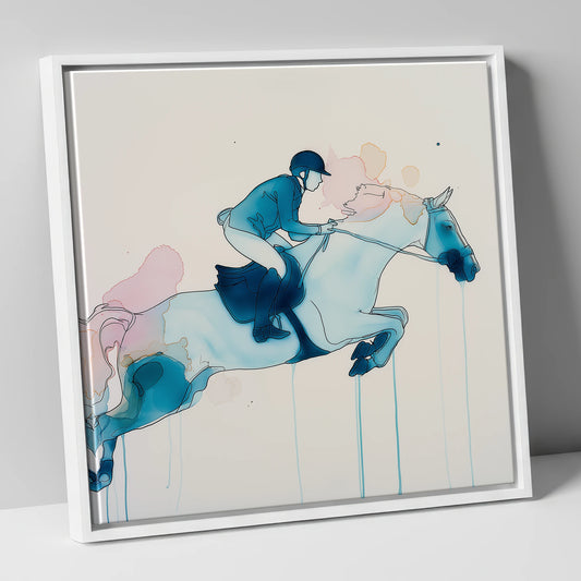 Cerulean Flight show jumping horse canvas wall art in white frame