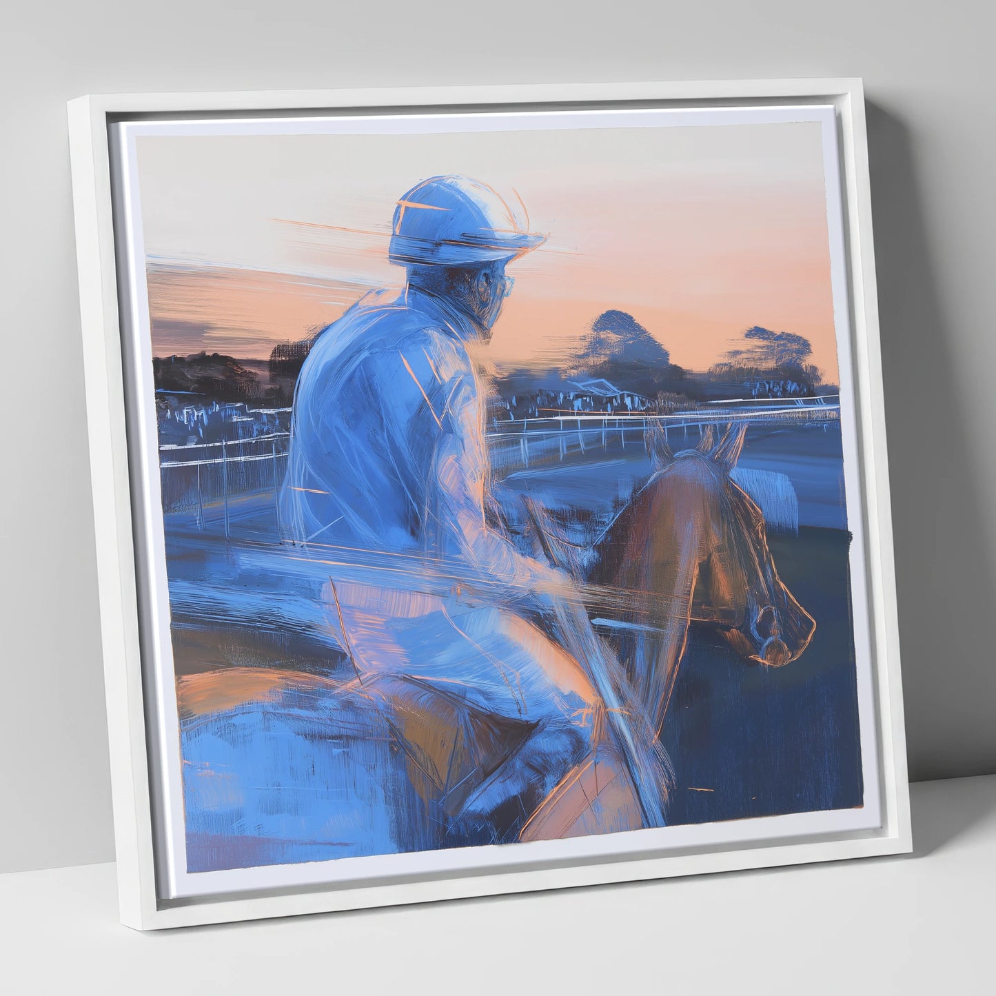 Dawn on the Gallops racing horse canvas wall art in white frame