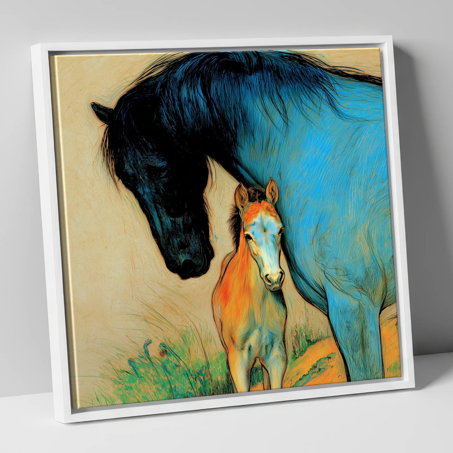 Vivid Devotion mare & foal canvas wall art in white frame