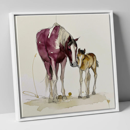 Painted Bond mare & foal canvas wall art in white frame