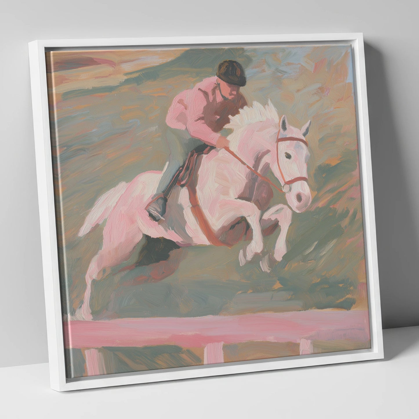 Airborne in Pastel show jumping horse canvas wall art in white frame