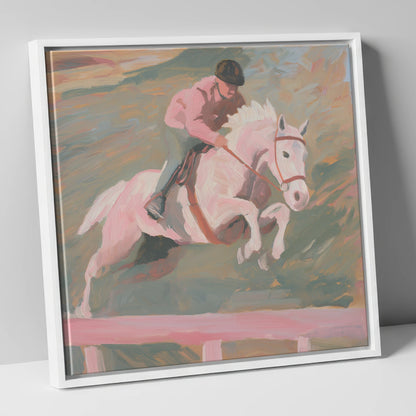 Airborne in Pastel show jumping horse canvas wall art in white frame