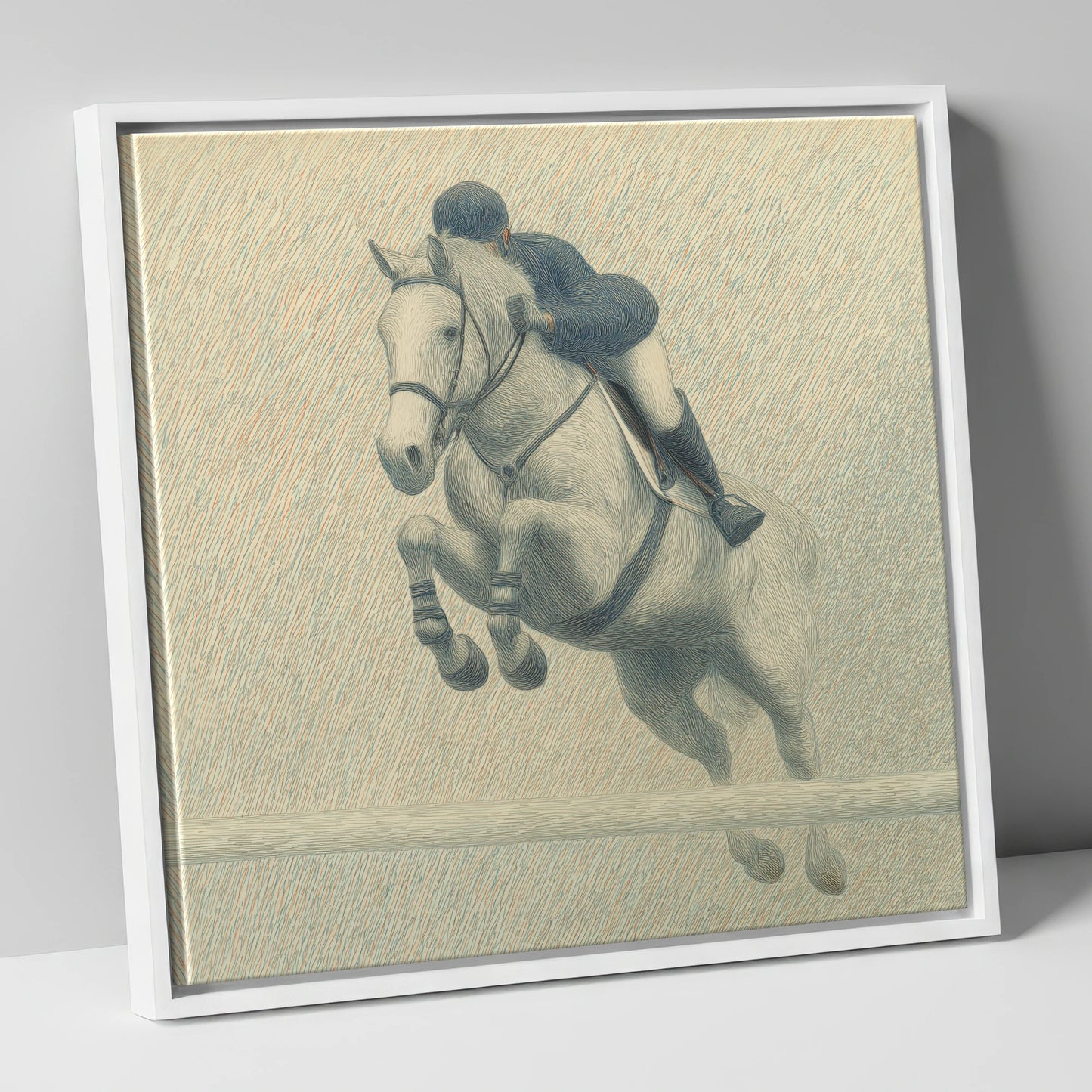 Elegance in Flight show jumping horse canvas wall art in white frame