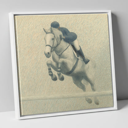 Elegance in Flight show jumping horse canvas wall art in white frame